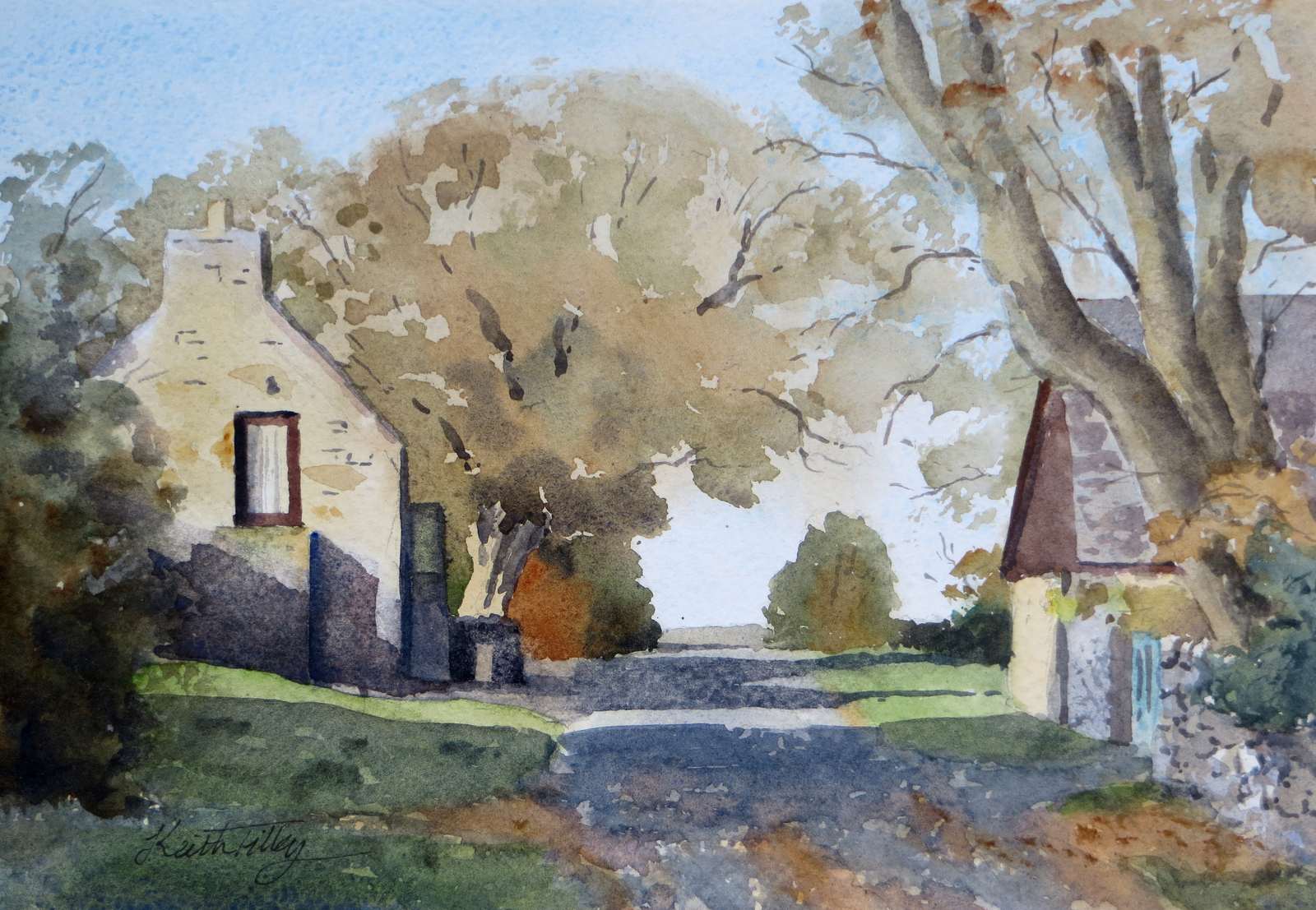 Shadows at Calder. Original watercolour by Keith Tilley. View in a hamlet in Caithness, northern Scotland.